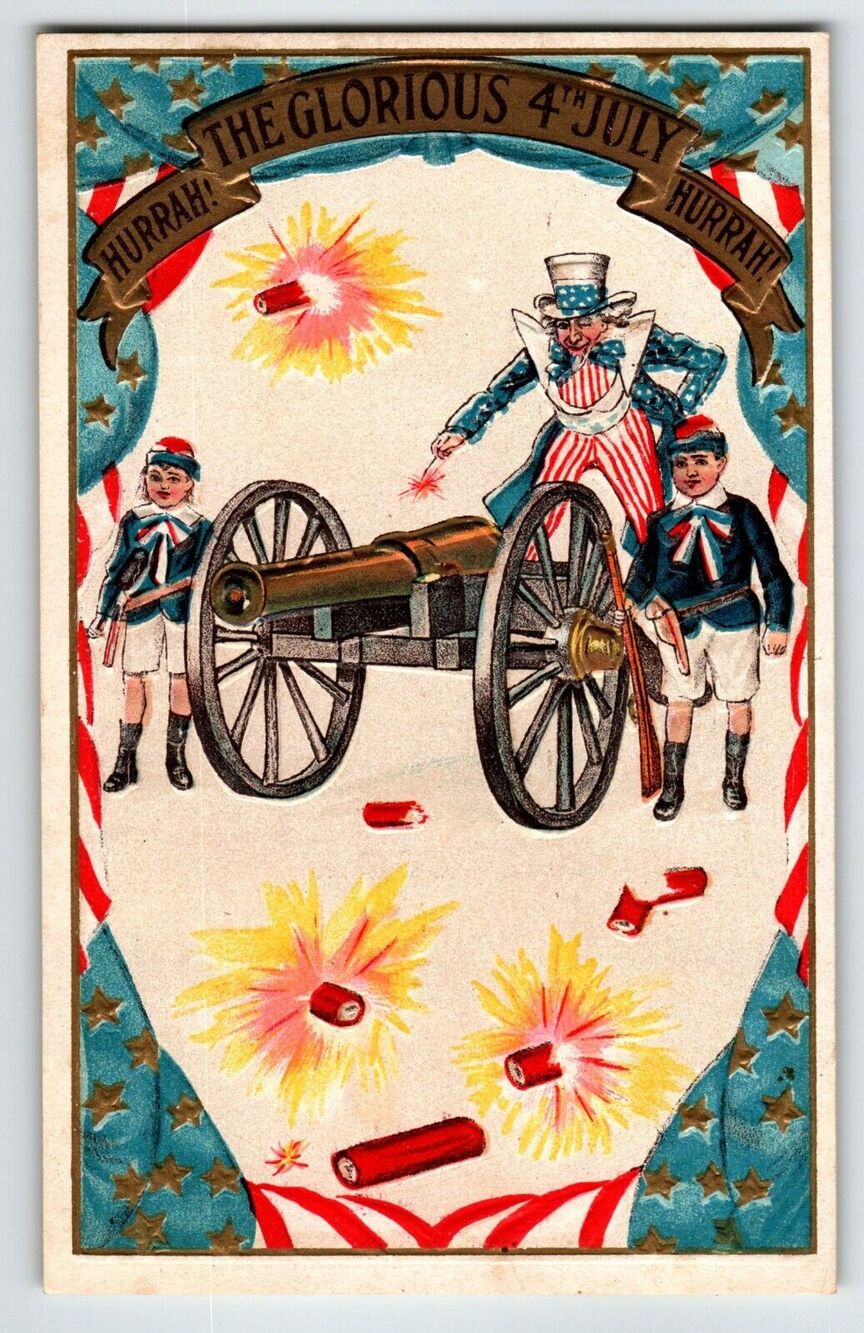 4th Of July Uncle Sam Cannon Fireworks Stars Children Postcard 258 Unposted USA